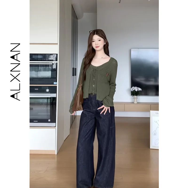 ALXNAN Blue Jeans High Waist Draped Straight Wide Leg Denim Pants Vintage Elegant Ladies Female Casual Clothing 2026 DYL662972