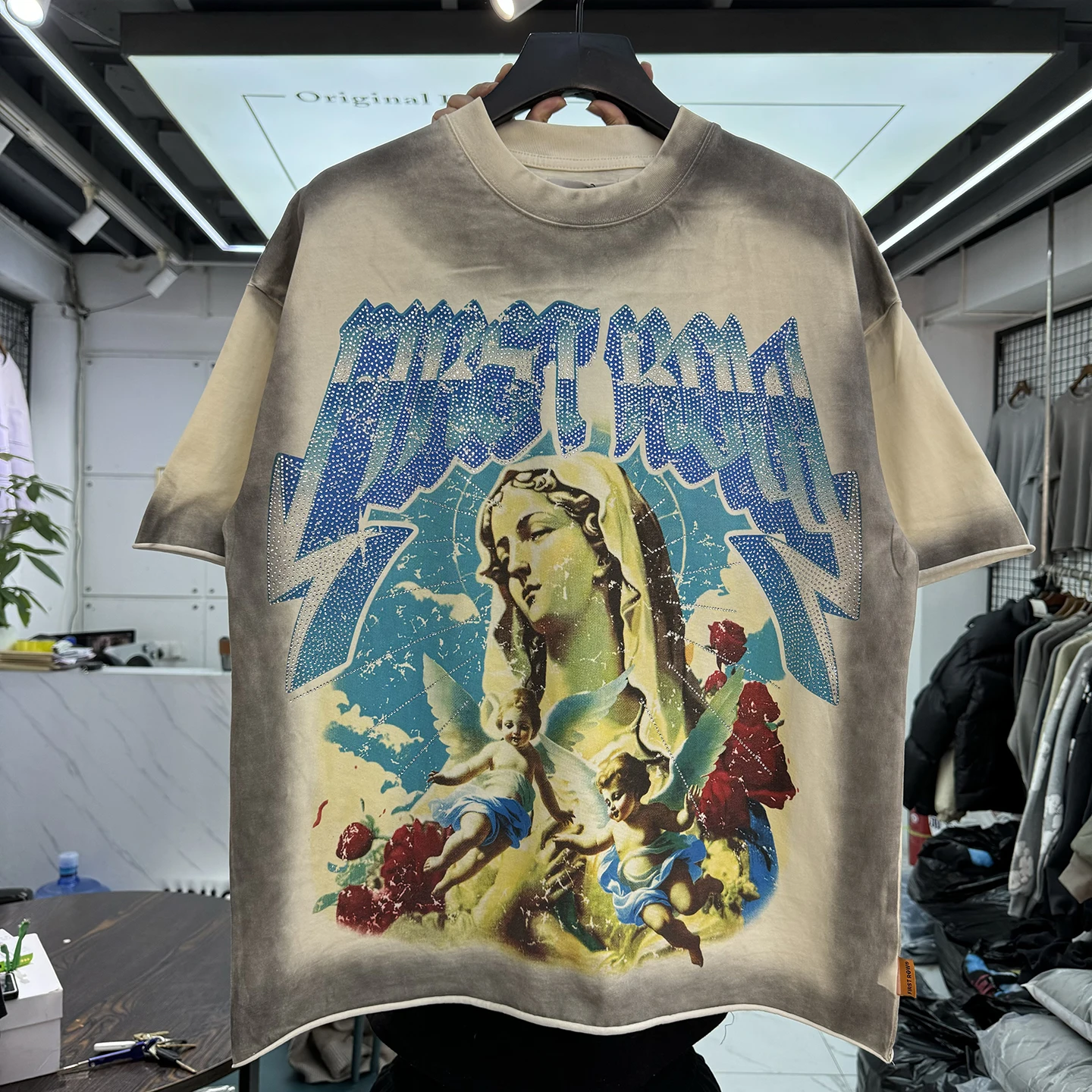

American Retro Letter Rhinestone Print Dyeing ort Sve T-irt Loose round Ne Men's Casual Comfortable Streetwear