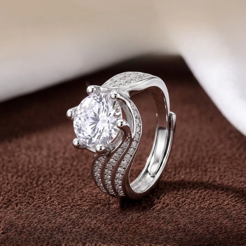 Twisted Split Shank 6 Prong Solitaire CZ Engagement Ring Adjustable Open Band Silver Tone Promise Wedding Ring for Women