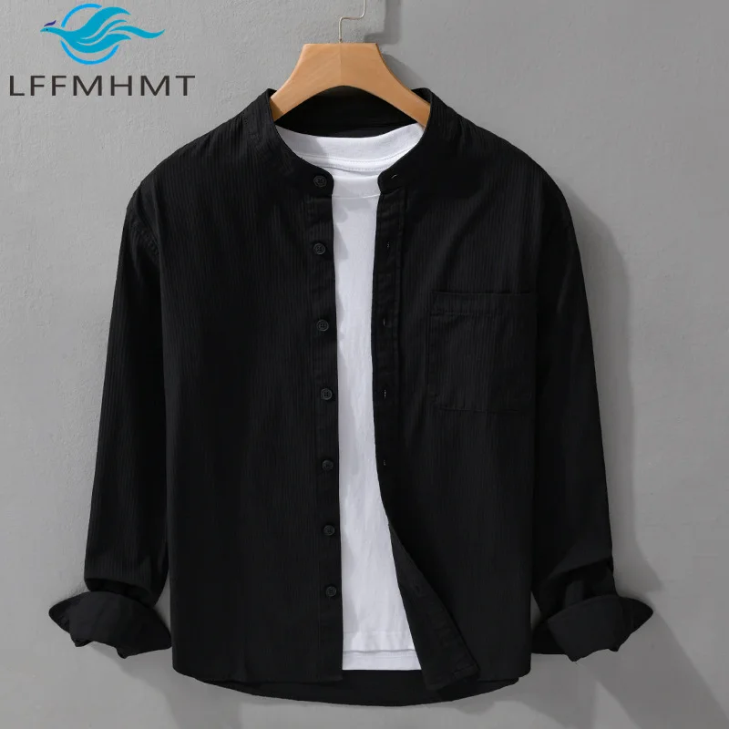

Spring Autumn Fashion Men's Solid Color Cotton Shirt Stand Collar Long Sleeve Casual Loose Simple Versatile Vintage Blouse Tops