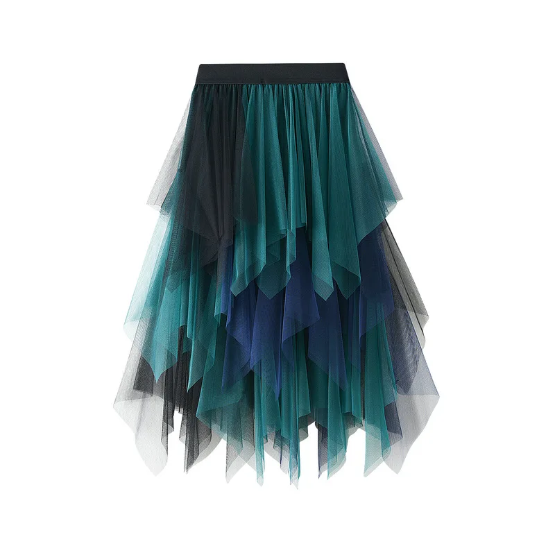 Green Patchwork Irregular Tulle Skirt Women 2022 New Spring Summer High Waist Midi Long Tutu Skirt Female Jupe Longue