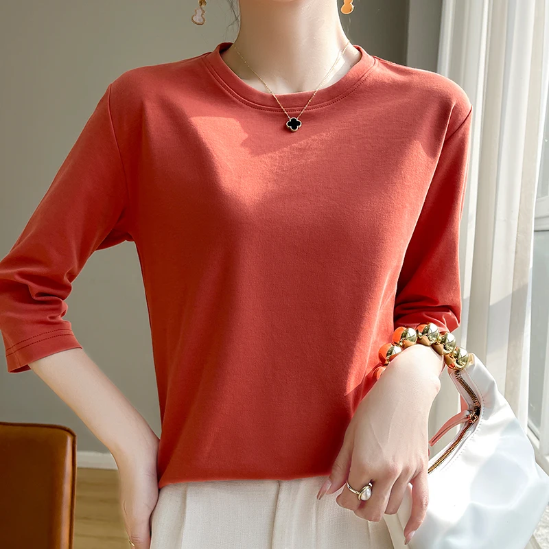 Summer Cotton Short-Sleeved T-Shirt Women's Round Neck Seven-Point Sleeves Loose Mercerized Cotton Half-Sleeve Shirt New T-shirt image 6