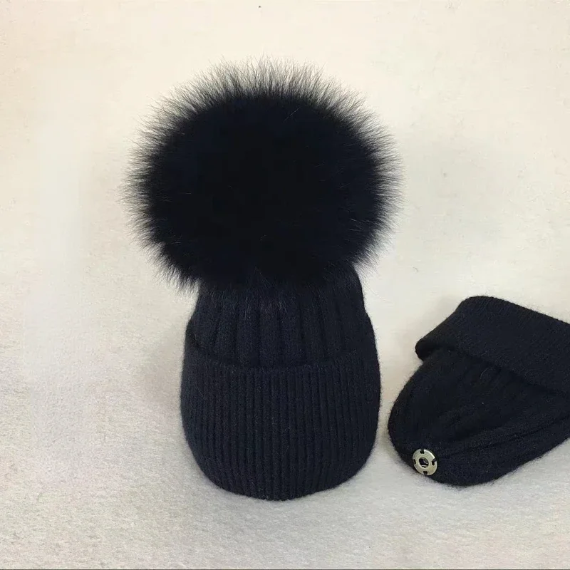 New Natural  Mink Pom Pom Beanies Winter Children Women Fox Fur Pompoms Kids Wool Knitted Hat Fashion Ear Protection Wholesale