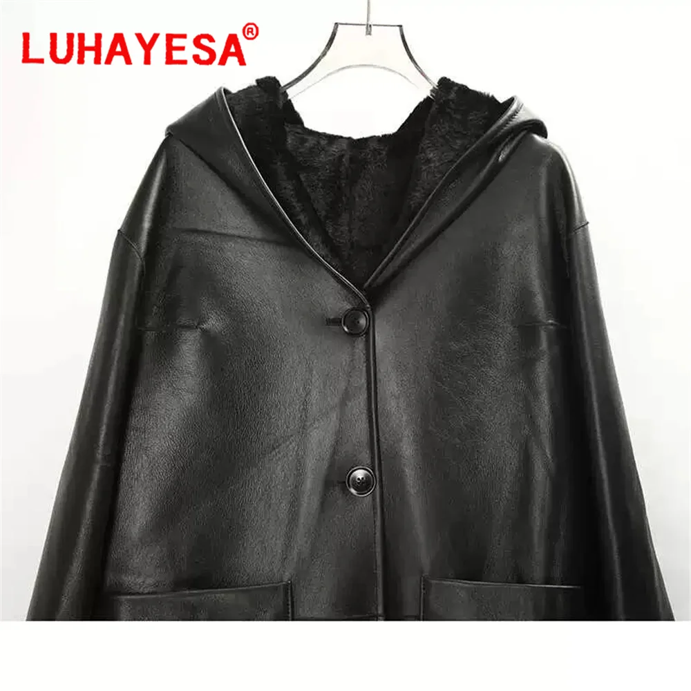 2024 Australia Merino Sheepskin Fur Shearling Women Extra Long Hooded Genuine Lamb Fur Outerwear