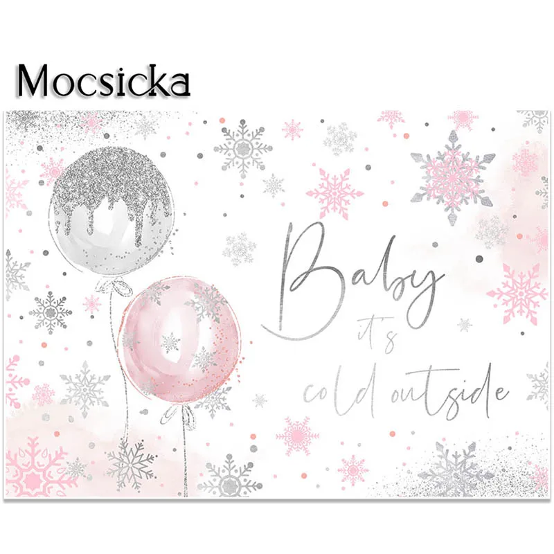 Mocsicka Baby Shower Backdrop Sliver Pink Balloons Party Decorations It's Cold Outside Glitter Snowflakes Photography Background