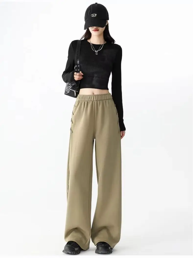 Grey Drawstring Tied Sports Pants 2026 Spring Autumn New Loose Casual Wide Leg Pants Korean Style Fashion Women's Trousers