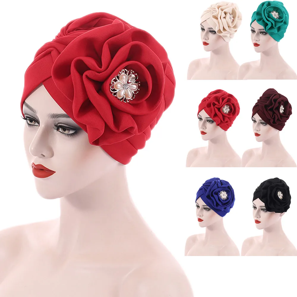 

Big Flower Turban Bonnet Indian Pleated Women Head Wraps African Auto Gele Already Made Headties Muslim Stretch Headscarf Caps