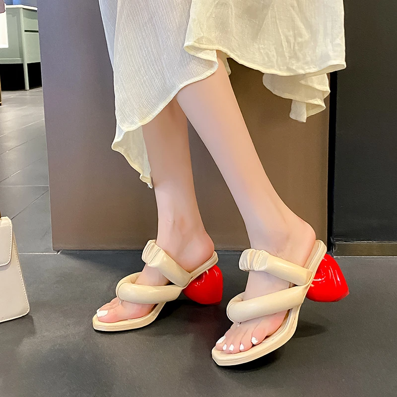 Red Heart Heel Solid Color Women Sandals Hand-made Fashion Square Toe Comfy Ladies Shoes Flip Flops Zapatos Mujer 2024 Tendencia