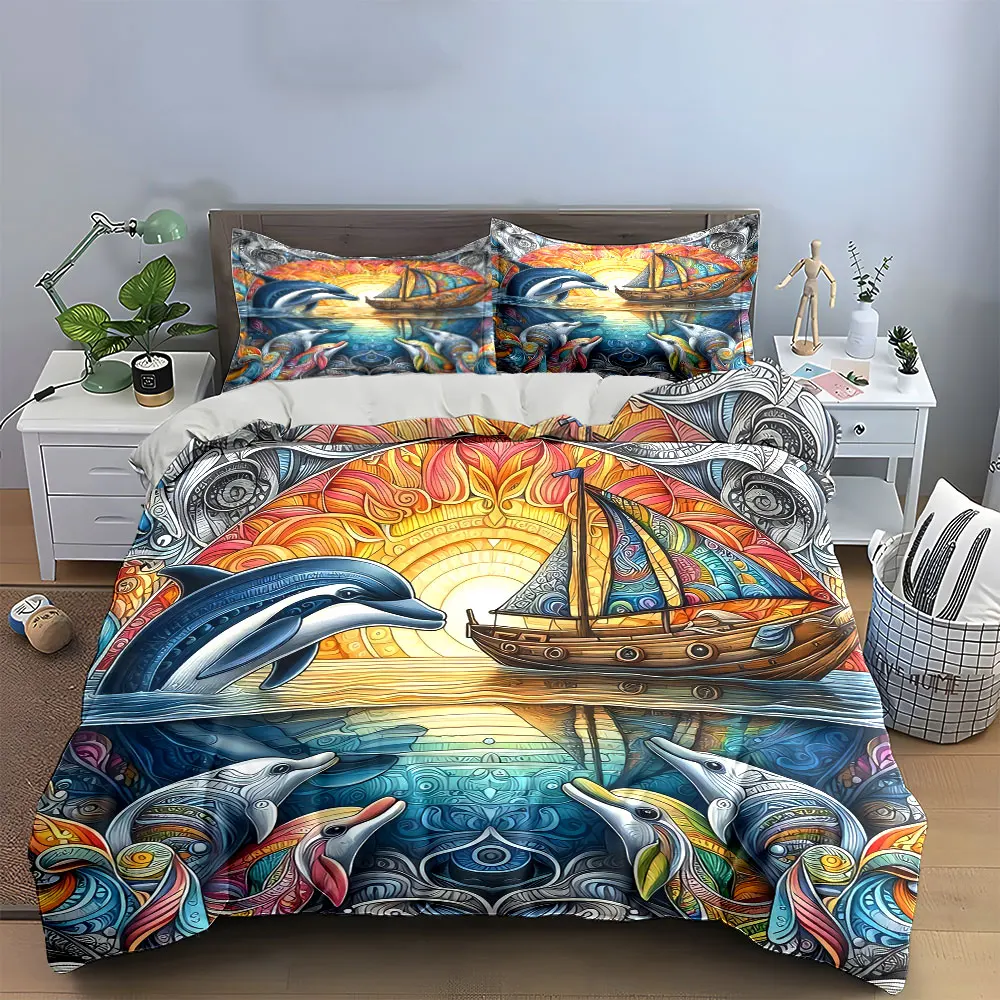Colorful Ocean Dolphins Artwork Decor Bedding Set with 1 Duvet Cover 2 Pillowcases Single Double King Queen, Gift