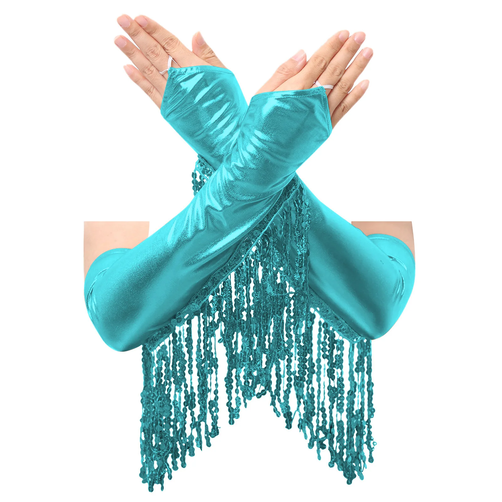 Gants de fête brillants pour femmes, longueur coude, longs pompons, paillettes métalliques, mitaines sans doigts, accessoires de Performance sur scène