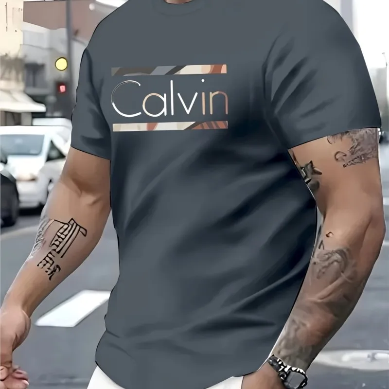 

Men's summer pure polyester fashionable casual sports loose Calvin letter pattern print round neck short sleeved T-shirt top