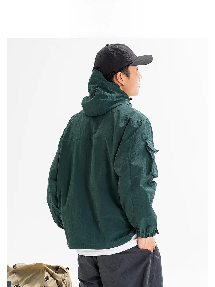 Wassup Blueo للرجال تي شيرت مقاوم للرياح ومقاوم للماء Jaet ملابس خارجية لربيع الخريف فضفاضة تناسب البوليستر والنايلون