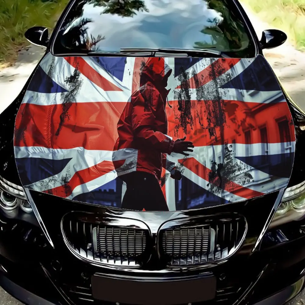 Rusty British Flag with Boy Car Hood Wrap Color Vinyl Sticker Truck Graphic Bonnet Auto Accessories Decor Decal Gift for Husband