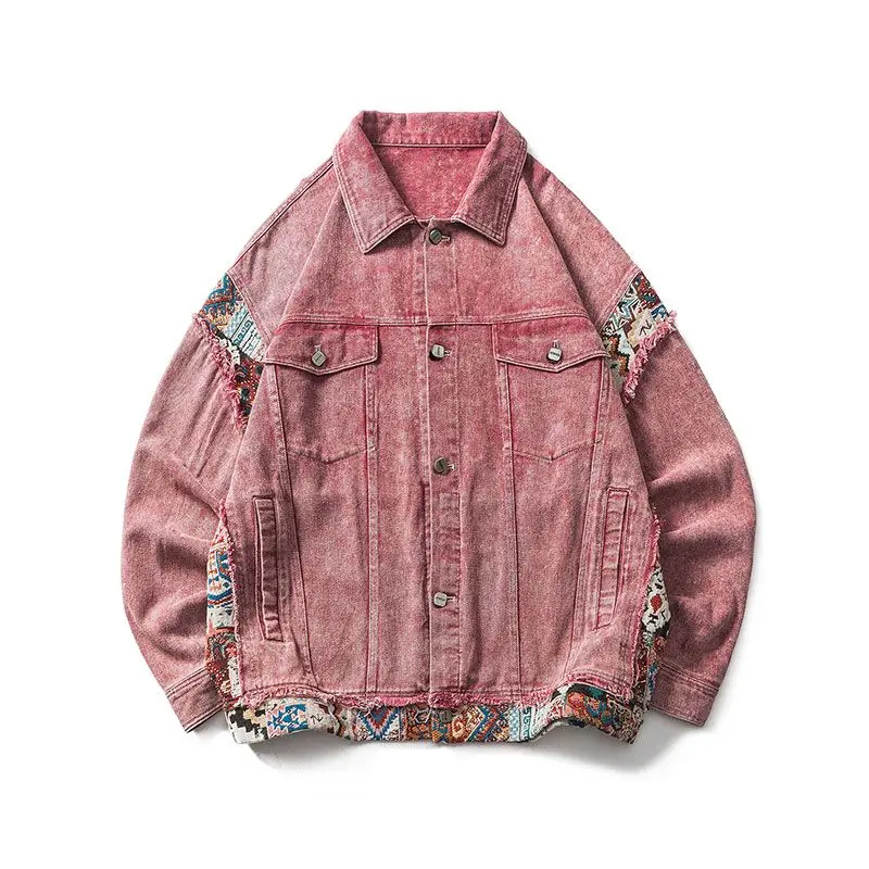 American Vintage Jacket Embroidery Spliced Pink Denim Coat Men Women Casual Couple Top Spring Autumn Denim Jacket Men Clothing