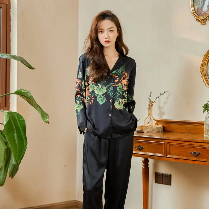 Women Luxury 2piece Set Pajama Ice Silk High-end Long-sleeve Pants 26 Autumn Winter Plus Size Classic Black Nightgown Sleepwear