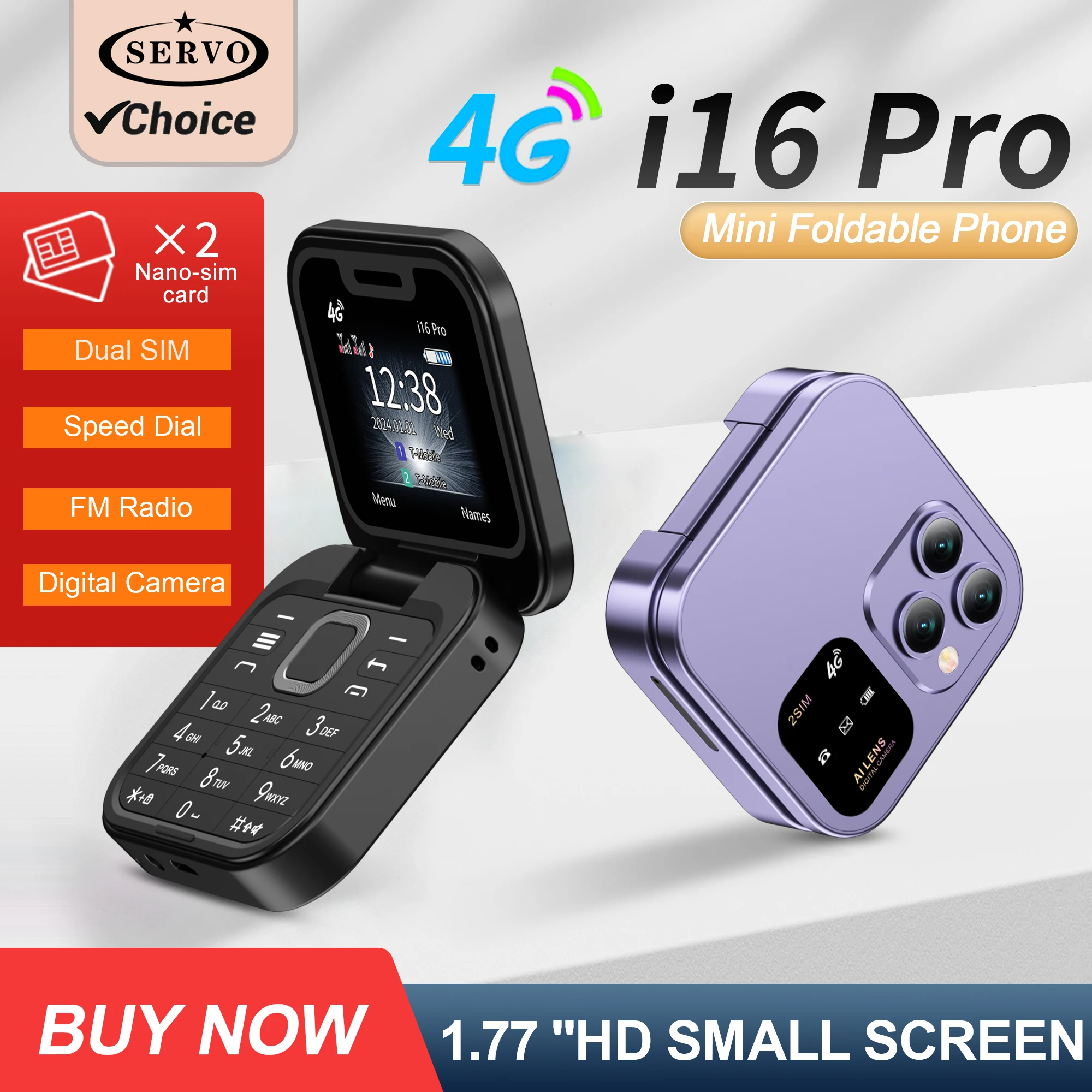 SERVO I16 PRO 4G LTE Foldable Mini Mobile Phone 2 SIM Speed Dial Call Recording Flashlight 1.77'' Screen Flip Cellphone Blacklis