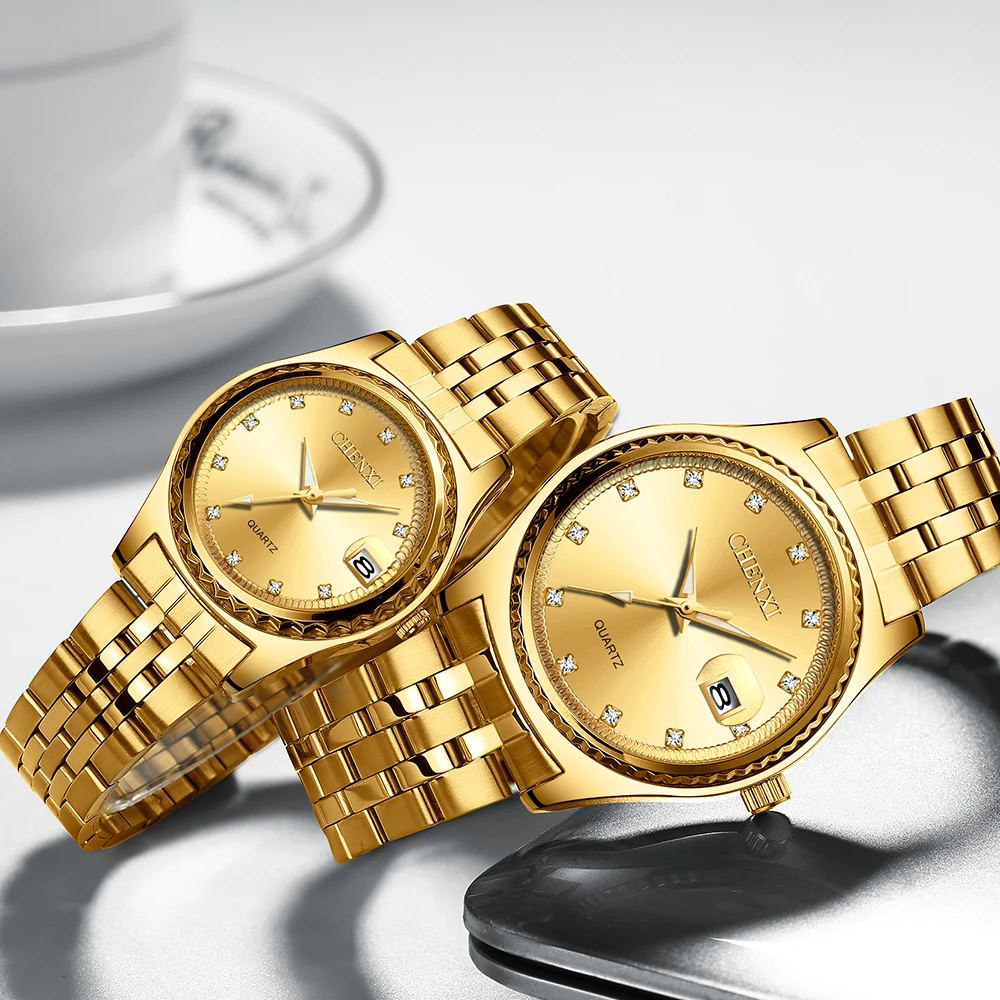 Новые мужские часы золото нержавеющая сталь дата кварцевые наручные часы, мода женские часы роскошный бренд пара часы подарок для влюбленных