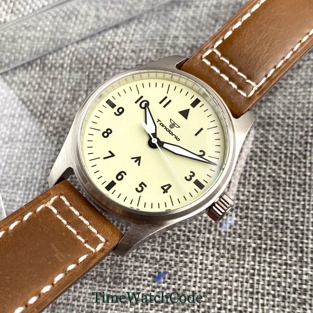 Tandorio Vintage Pilot Automatic Watch for Men Full Luminous Beige Dial NH35 PT5000 200m Waterproof Diving 39mm Sapphire Crystal