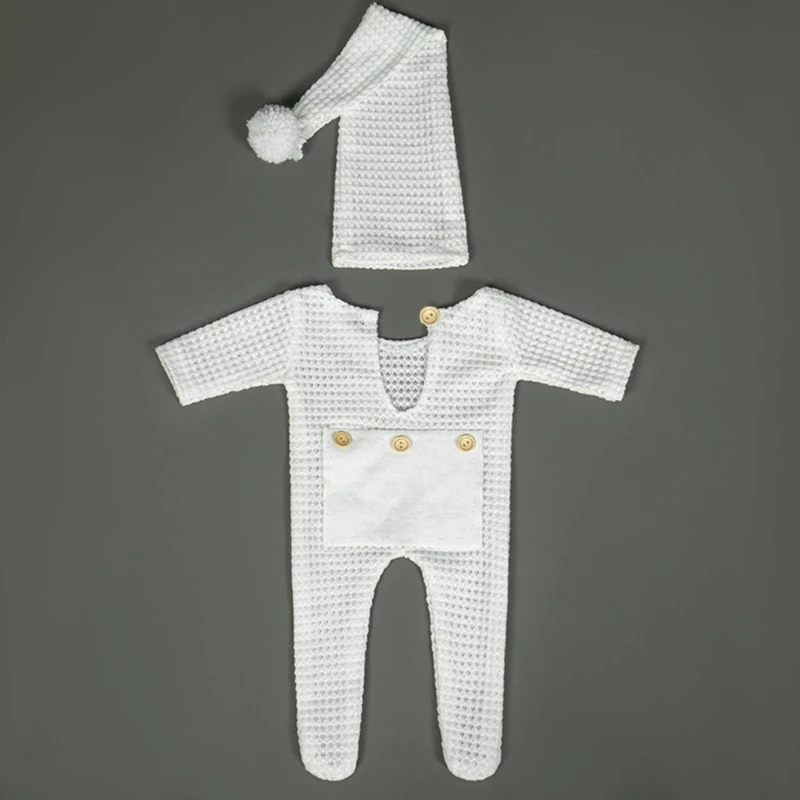 Y1UB 2 Pcs Newborn Photography Props Crochet Outfit Baby Romper Hat Set Infants Photo Jumpsuit Bodysuit