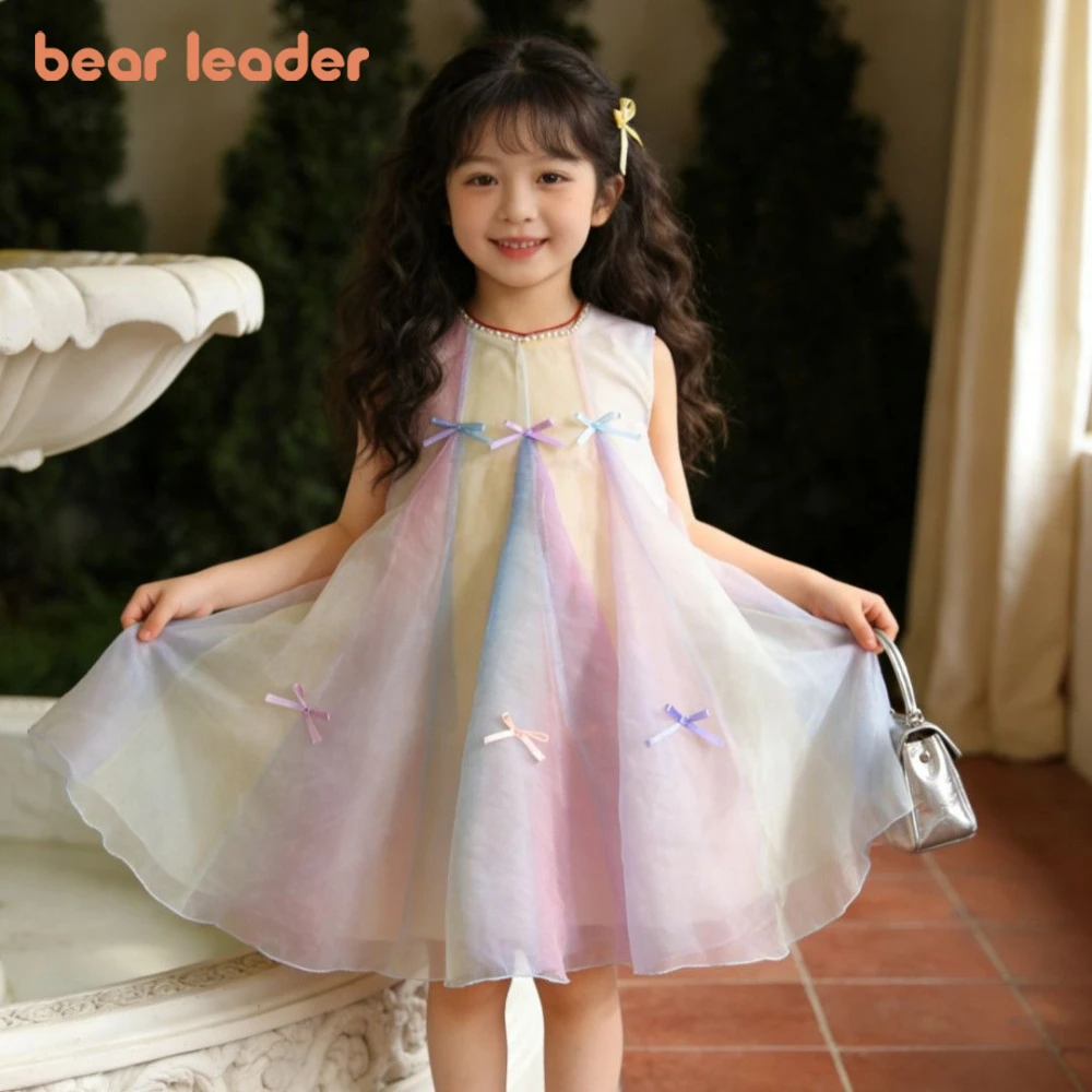 

Летние платья для девочек Bear Leader, корейская версия, милое и очаровательное платье принцессы без рукавов с градиентным цветом и украшением в виде банта