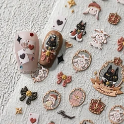 Vintage Cute Bunny Rococo Court Love Rabbit Cat Crown Lock Key 5D Embossed Reliefs Self Adhesive Nail Art Sticker Manicure Decal