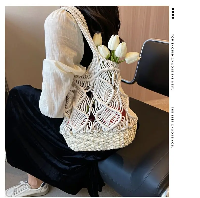 Original design handbag for women large capacity Bucket bag 2024 new Elegant Unique straw woven shoulder bag woven hollow tote