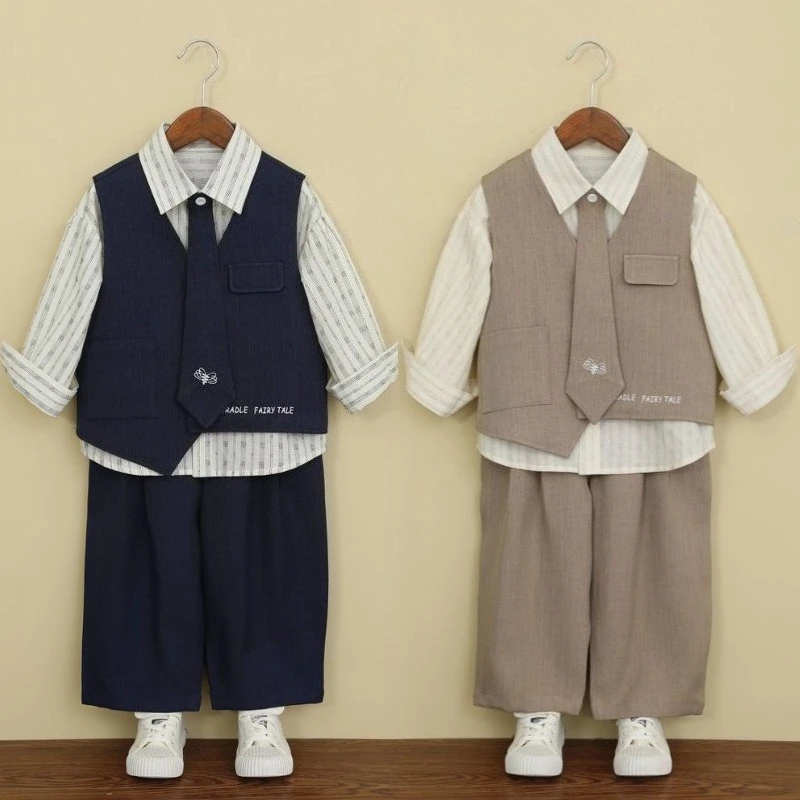 Boys Korean Style Waistcoat Set Baggy Vest with Trousers and Striped Shirt Tie Kids Hip Hop Stage Show Host Costume Navy Khaki