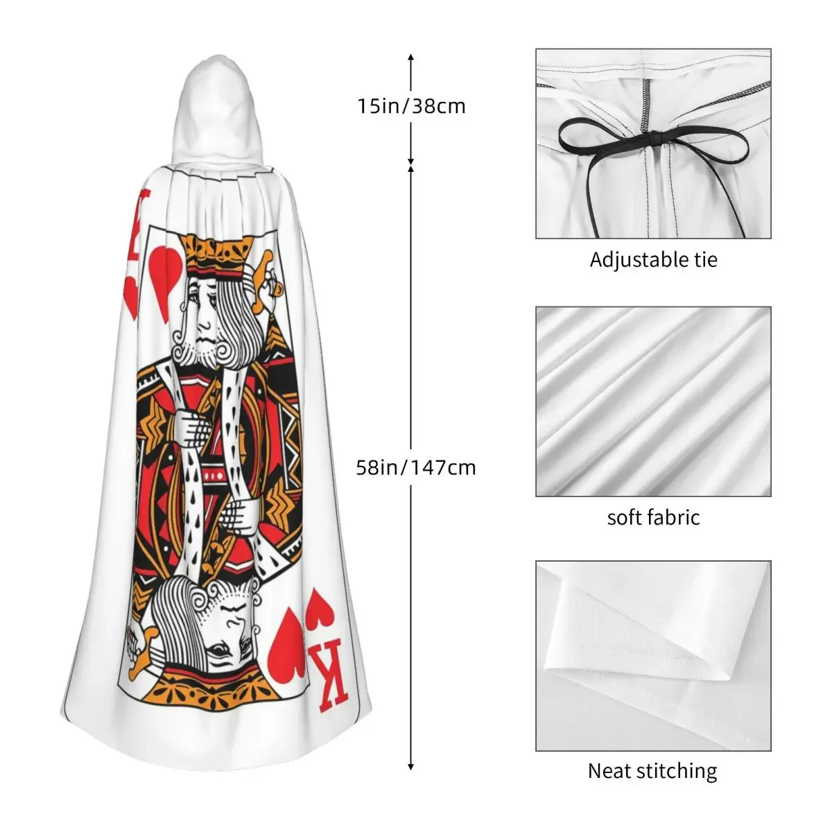 King Of Hearts Poker Playing Card Long Hooded Cloak Witch Medieval Costume Cosplay Cape HalloweenVampire Adult Unisex