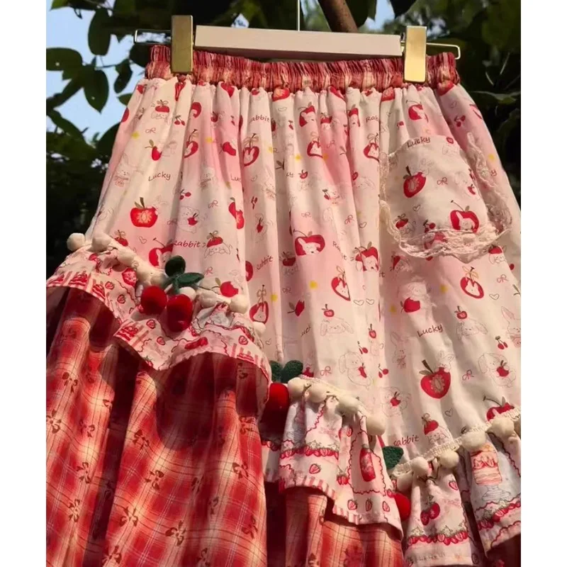 Sweet Kawaii Mori Girl Style Plaid Ruffle A-Line Maxi Skirt Korean Fashion Spring Summer Cute Picnic Tiered Long Skirt for Women