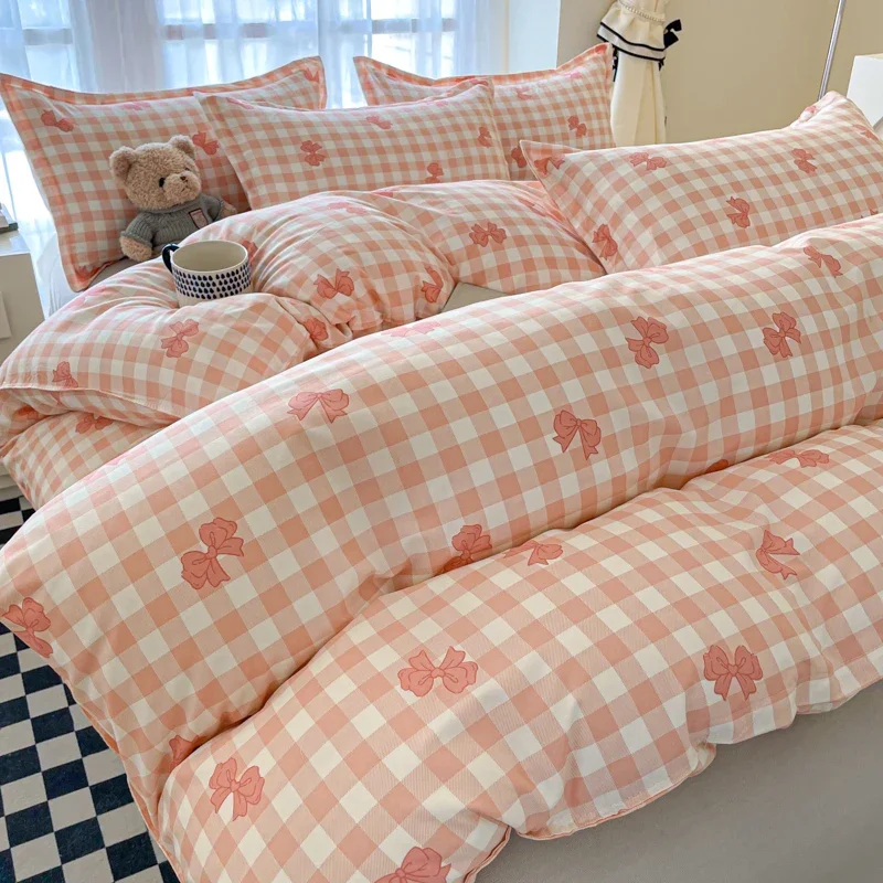 Cute Plaid Check Duvet Cover Set Pink Bow Knot Comforter Covers for Women Teens Girls, Soft Lightweight Dorm 4-Pieces Bedding