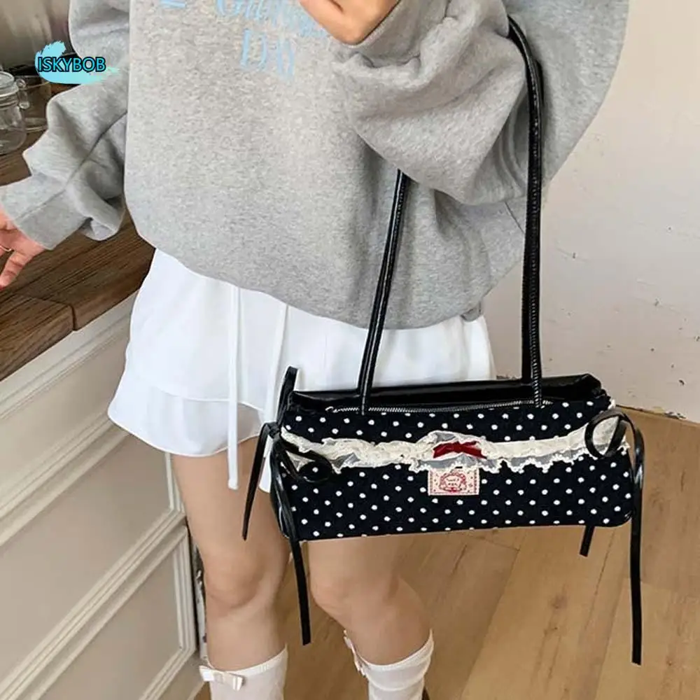 

All-match Sweet French Stick Handbag Lace Bow Polka Dot Underarm Bags Korean Style Large Capacity PU Shoulder Bag Women