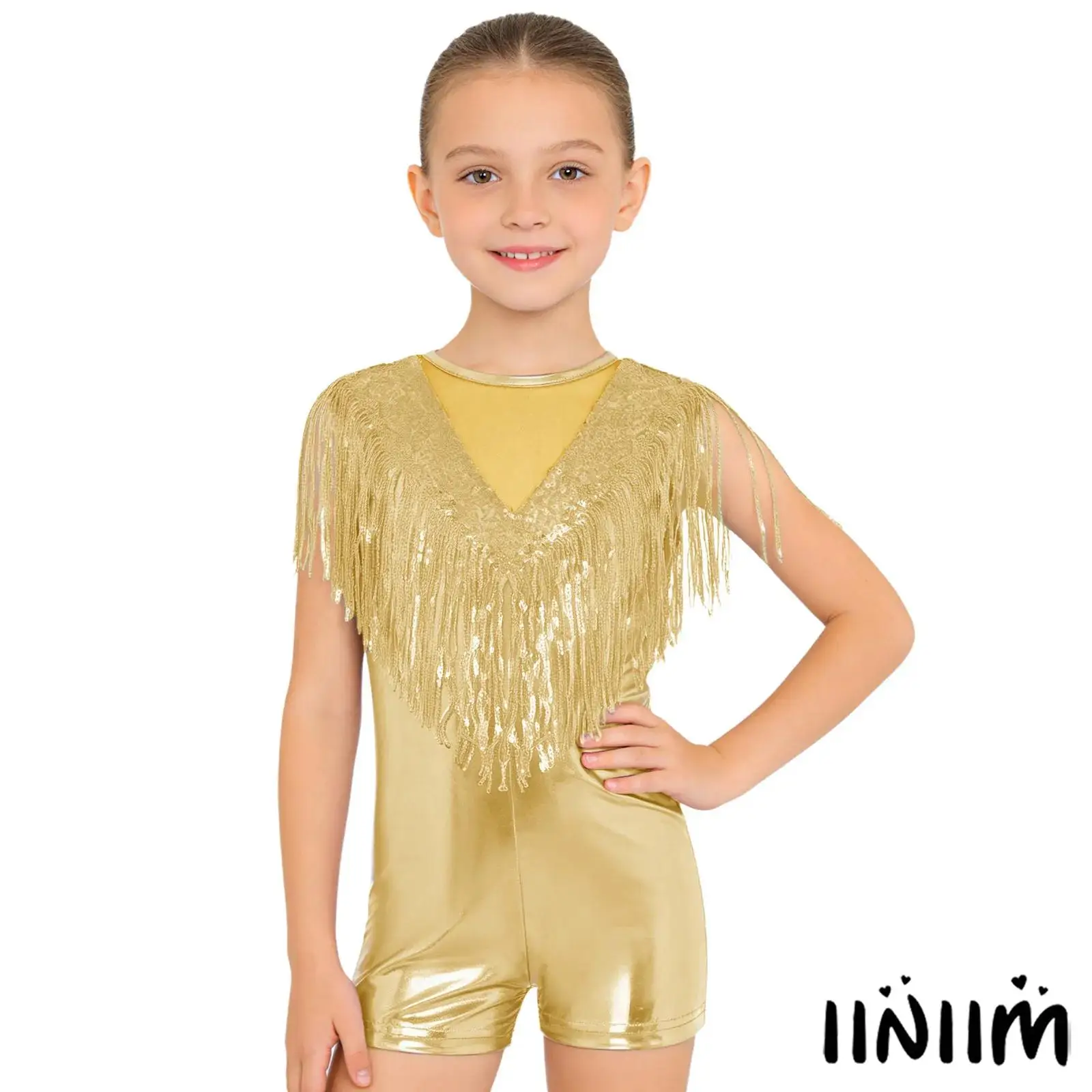 

Girls Sequin Tassel Metallic Discojazz Dance Bodysuit Sleeveless Keyhole Back Mesh Patchwork Jumpsuit for Stage Pageant Party