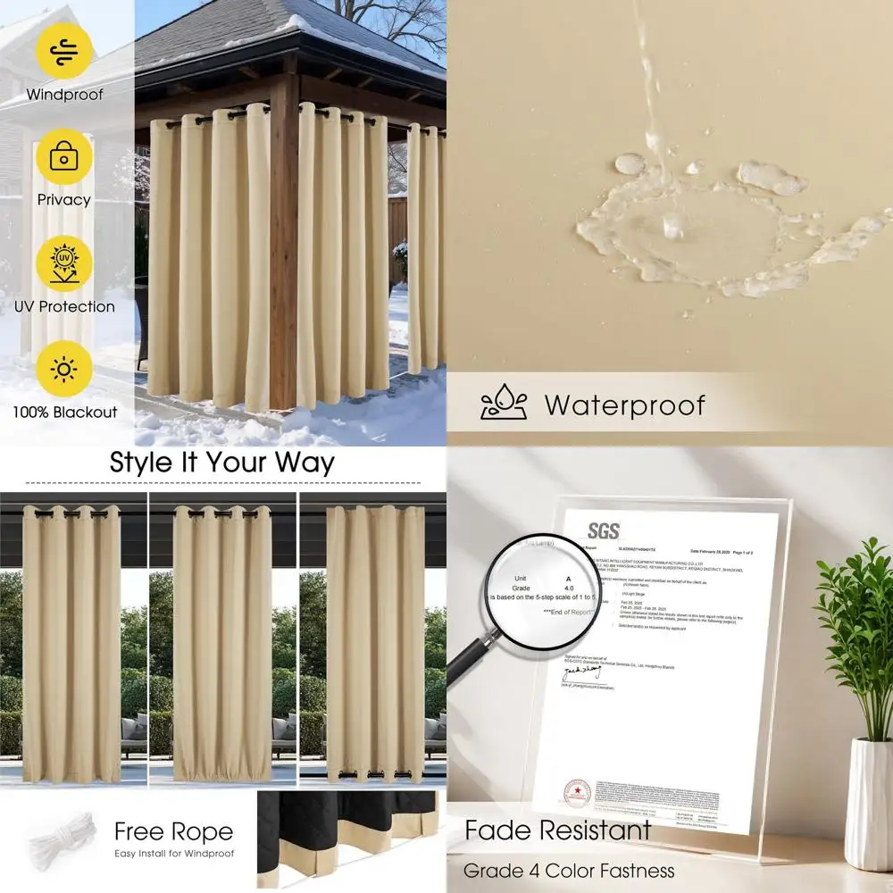 

Водонепроницаемые уличные шторы, 52x84, 2 панели, устойчивые к выцветанию, ветрозащитные, с люверсами и креплениями, цвет бисквитный беж