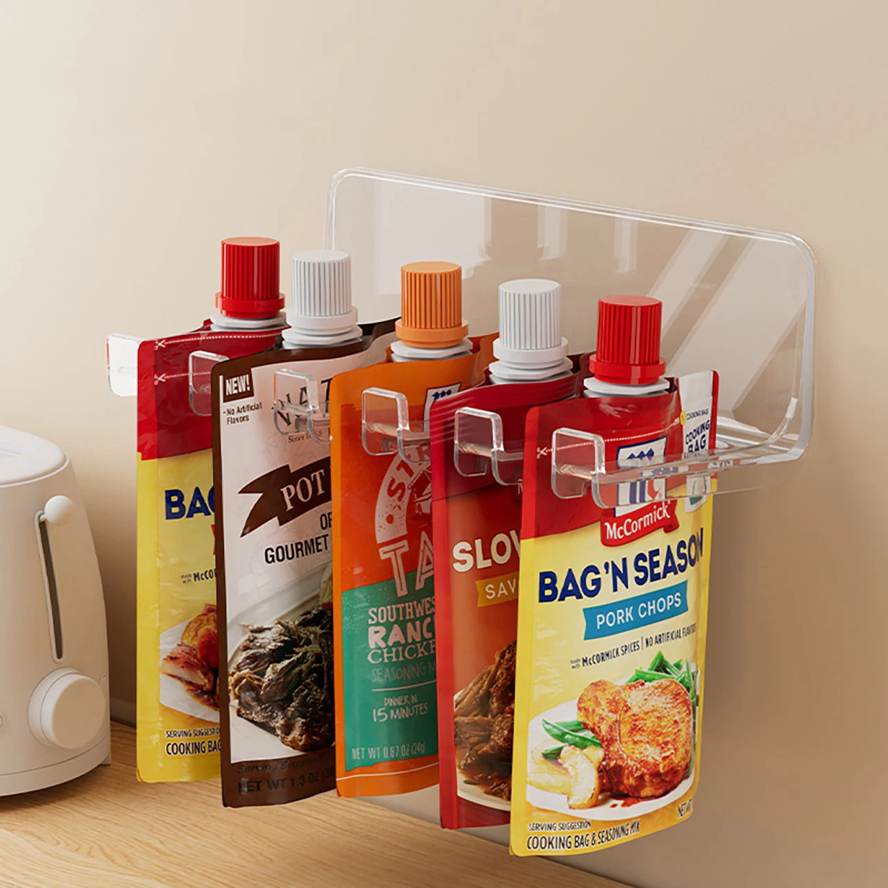 Estante de almacenamiento de bolsas de especias montado en la pared, bolsa de condimentos transparente, soporte organizador, estante, Clips de sellado de especias