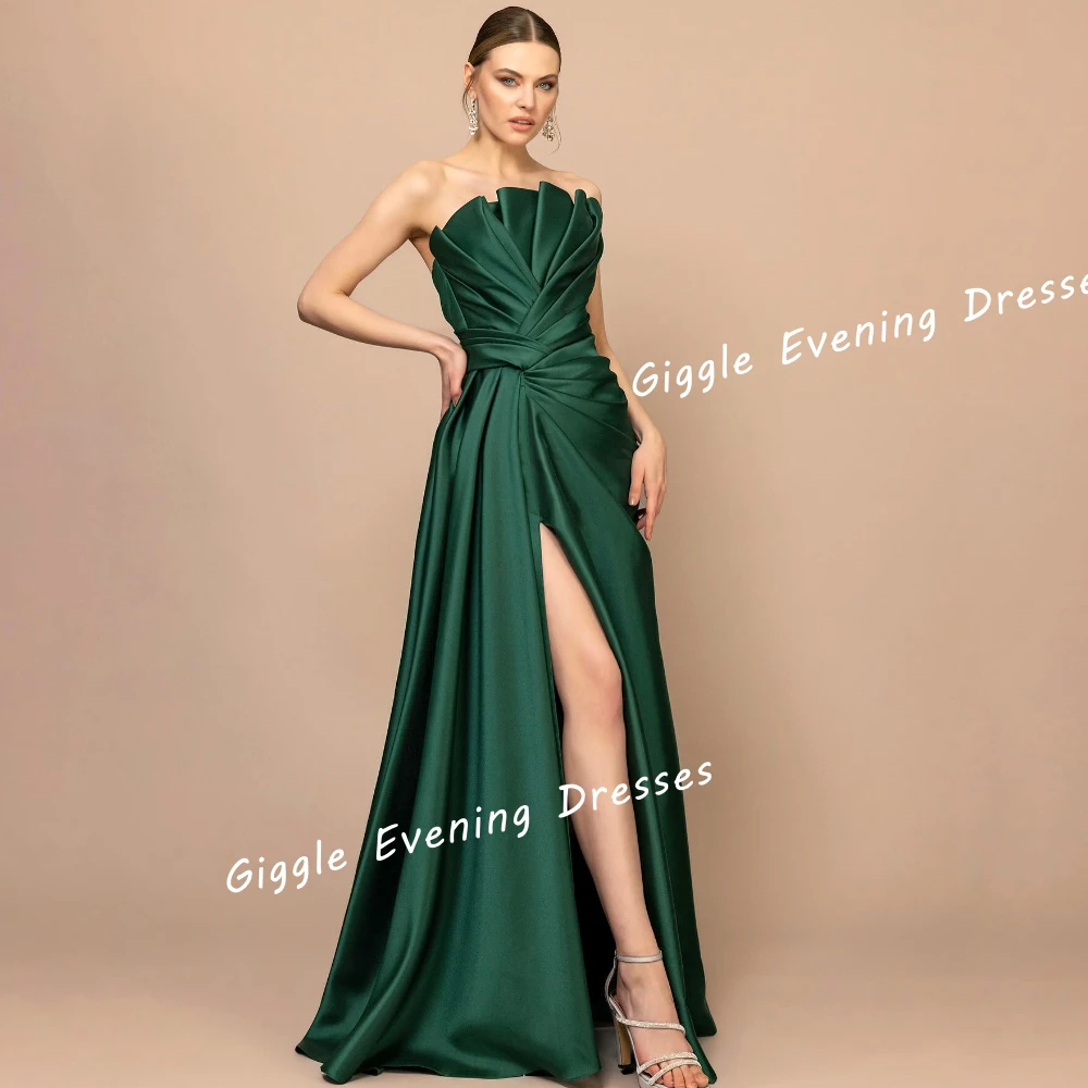 Giggle Satin Strapless Pleating A-Line Elegance Prom Gown Saudi Arab Slit Floor-Length Evening Party Dresses for Women 2024