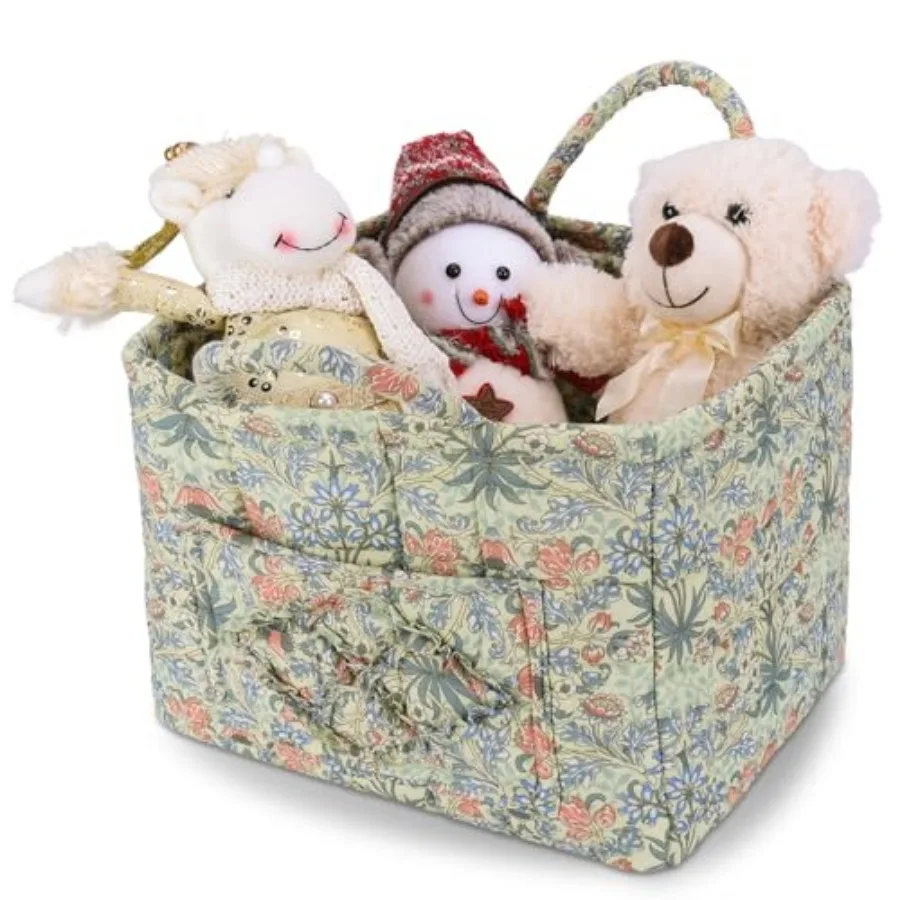 

Storage Basket Boho Fabric Large Collapsible Floral Laundry Nursery Hamper Portable Folding Storage for Clothes Toys Light Gree