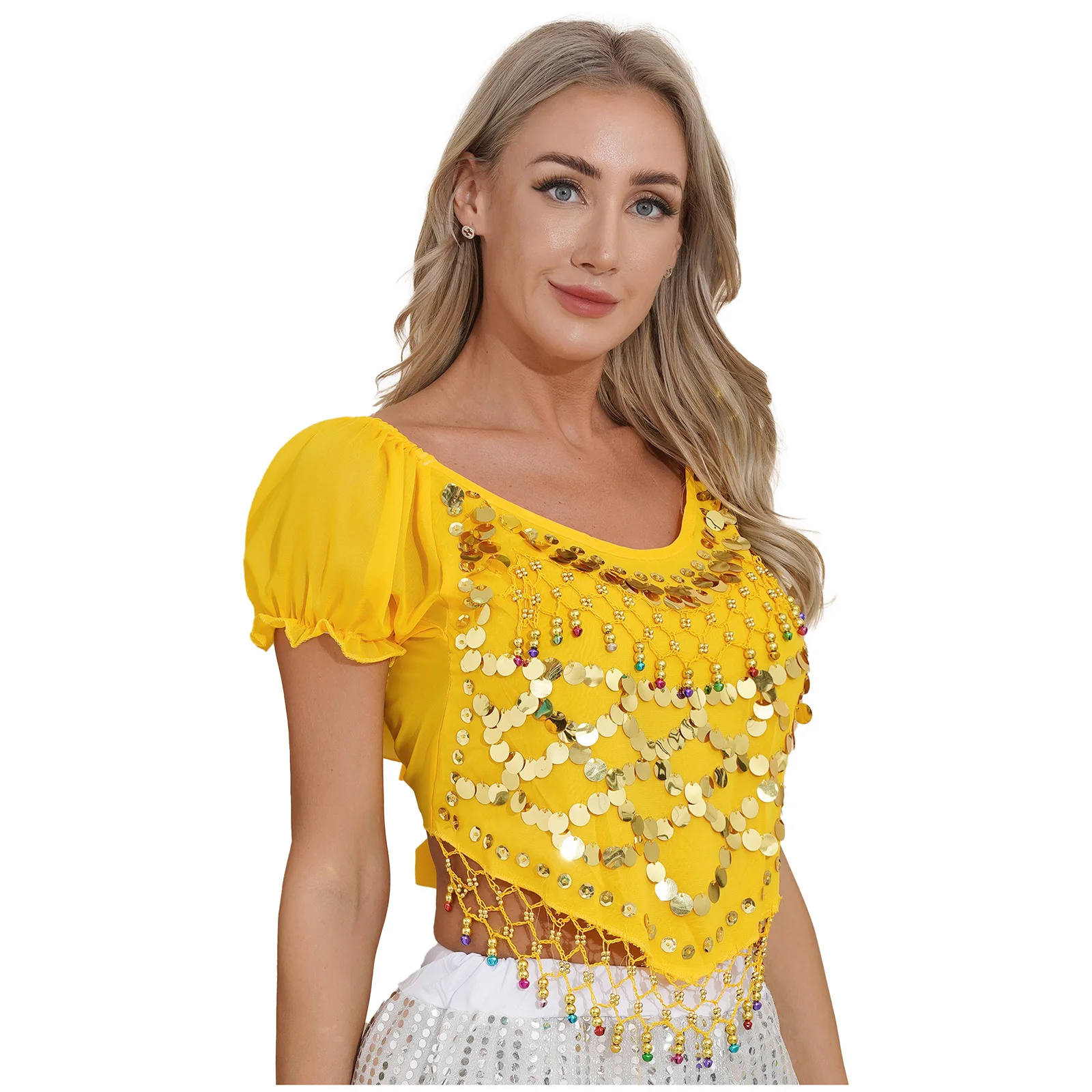 Womens Sequined Bellydancing Wear Oriental Belly Dance Tops Costumes Plastic Beaded Irregular Hem Crop Top Lace-Up Back Tops