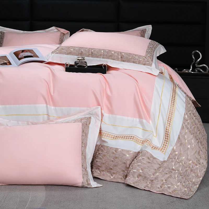 Pink Jacquard Satin Cotton Bedding Sets Luxury Golden Embroidery Duvet Cover Sets Bed Sheet Pillowcases Solid Color Home Textile