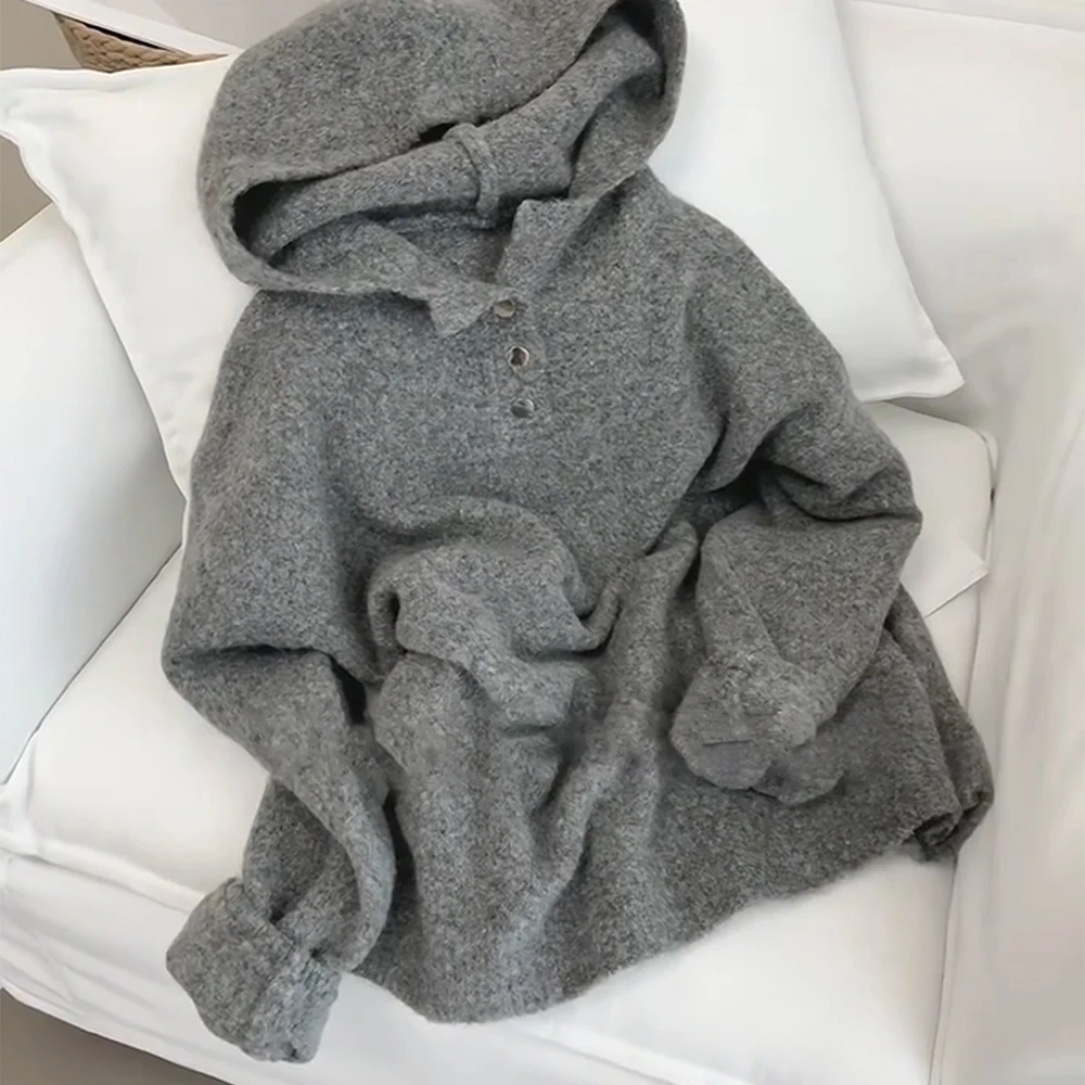 

Женские повседневные вязаные свитера с капюшоном, осень-зима, простые универсальные свободные толстовки, однотонные теплые свитер большого размера, пуловеры