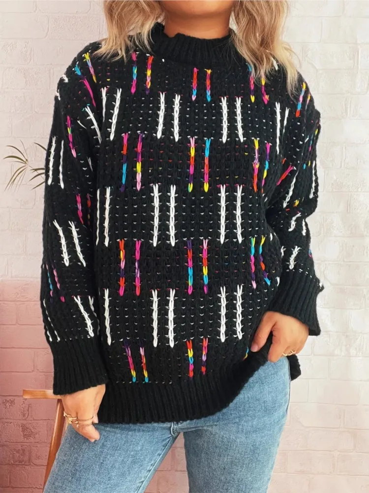 Осень и зима, новый красочный полосатый клетчатый контрастный милый стильный вязаный пуловер, женский повседневный свитер с круглым вырезом и длинными рукавами