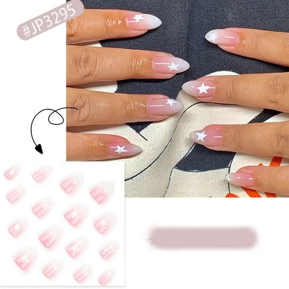 Manicure longo amêndoa unhas falsas francês rosa nuvem imprensa em unhas glitter flores estrela falso nials feminino