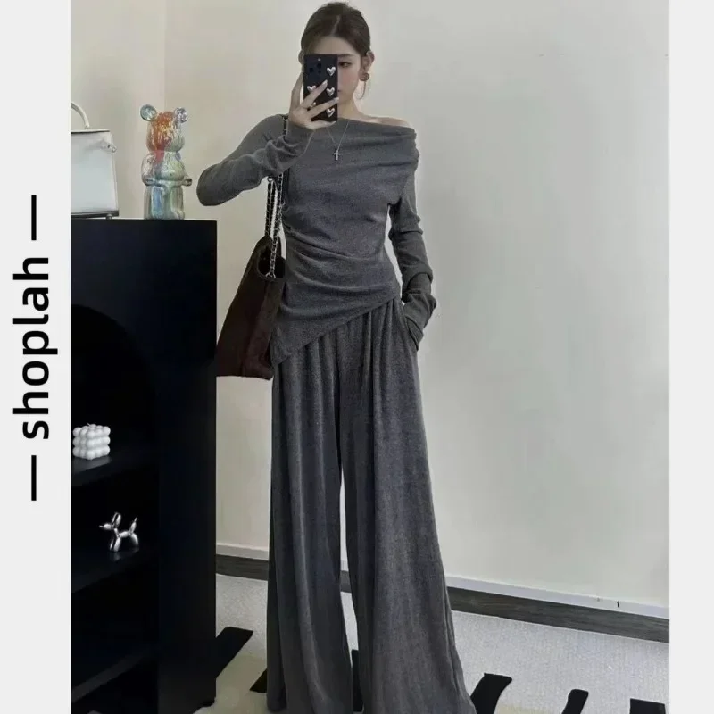 قطعتين مجموعة واحدة الكتف طويلة الأكمام السراويل واسعة الساق شهوة نقية الساخن فتاة الزي بدلة على الموضة النساء الاتجاه غير النظامية
