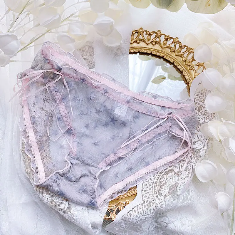 Lolita Bow Transparent Female Panties Thin Mesh See Through Star Print Ruffles Summer Underwear Plus Size 3XL Kawaii Lingeries