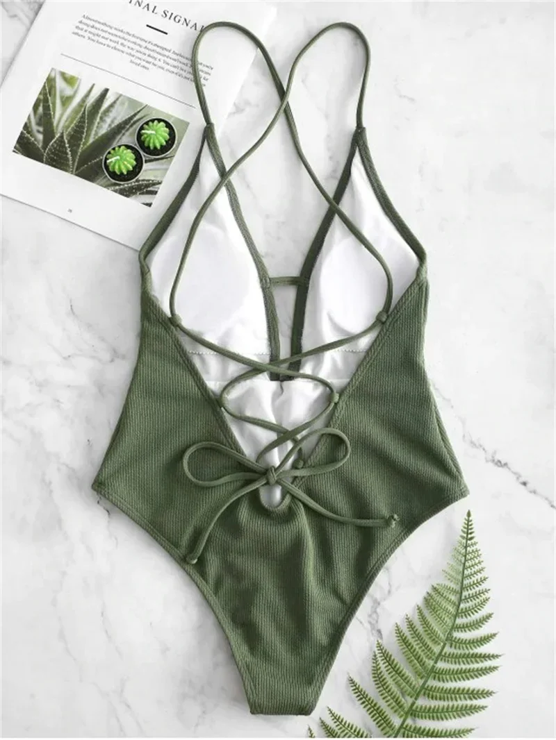 Sexy Solid Green Black Swimwear Women High Cut One Piece Swimsuit Backless High Waist Swim Suit Beach Bathing Suit Monokini 2022