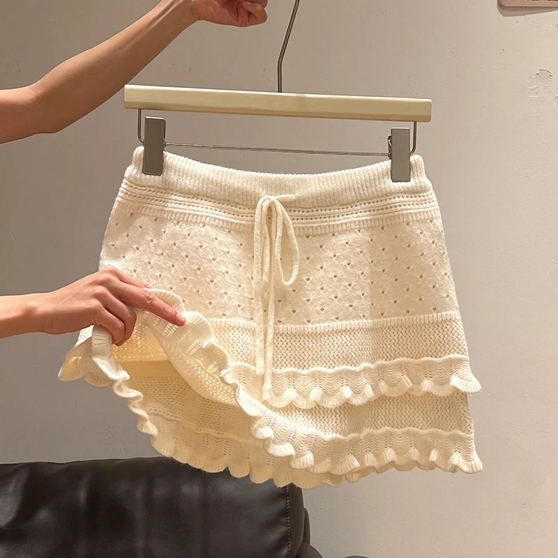 

Korean Women Knit Mini Skirt Sexy Sweet Ruffled Preppy Style Skirt Body Hugging Layered Kawaii Tie Up Solid High Waisted Skirt
