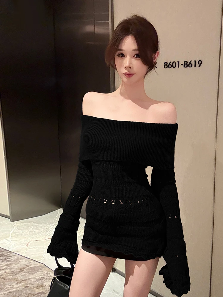 เสื้อไหมพรมถักทรงยาวแบบเปิดไหล่ข้างเดียว สไตล์เรโทรสไปซี่ เซ็กซี่ โชว์กระดูกไหปลาร้า ช่วยให้ดูผอมเพรียว ใช้ได้หลากหลาย