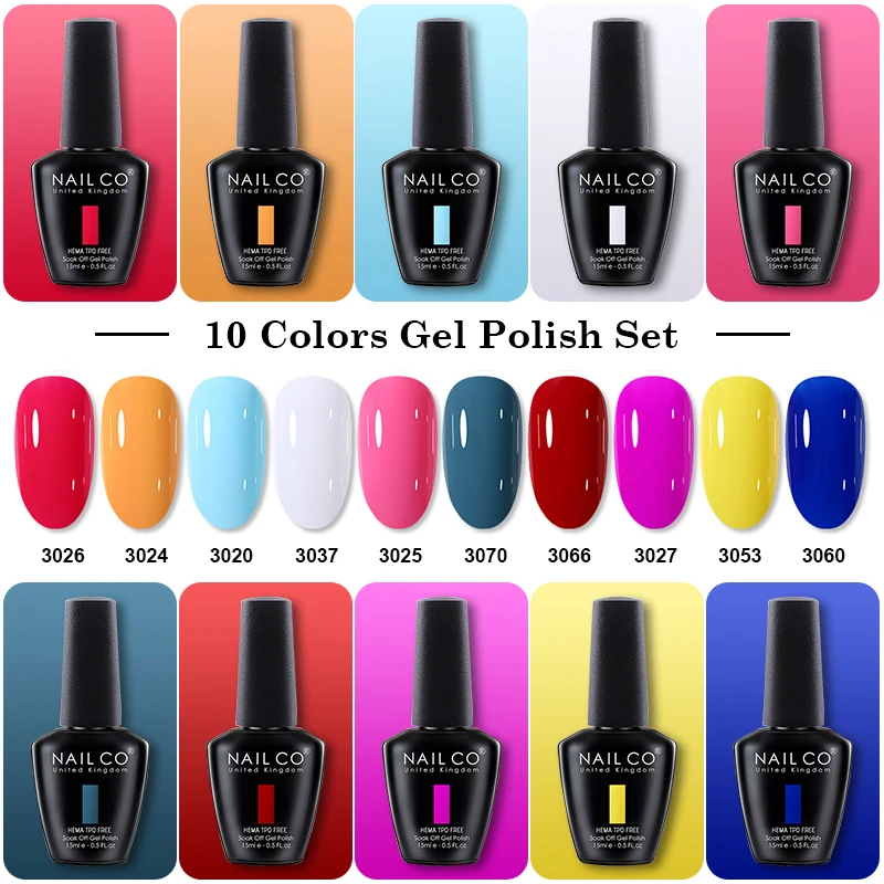 NAILCO 10pcs/Set UV Gel Polish Nails Art Manicure 15ml Red Blue Colors Series Gel Nail Lakiery Hybrydowe Varnishes Design