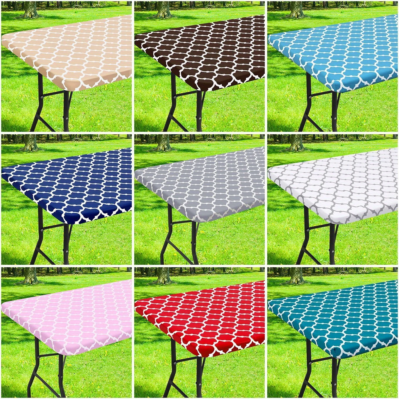 Rectangle Fitted Polyster Table Cloth, Elastic Tablecloth, Table Cover Fits 8 Foot Folding Tables for Outdoor Picnic Camping