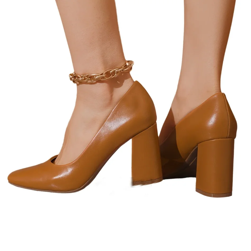 

Sorbern Customized Brown Women Pump Shoes Pointed Toe Slip On Block High Heel Shoes Chunkyed Heeled Custom Colors