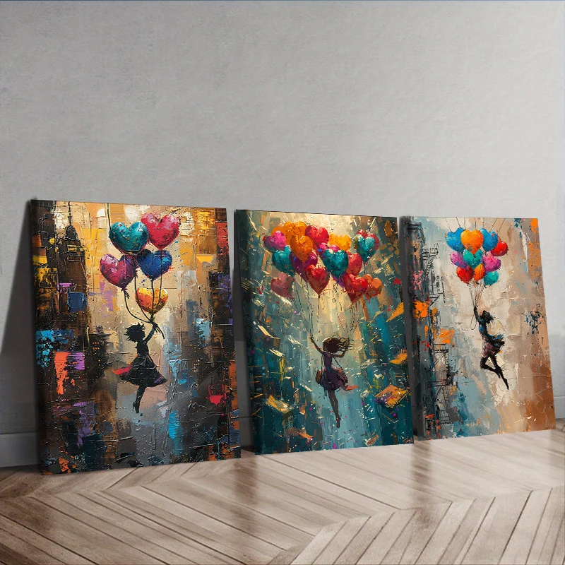 Framed Canvas Wall Art Painting 30x40cm (11.81x15.74inch)x3pcs girl is flying on colorful balloons for Home, Living Room, Coffee